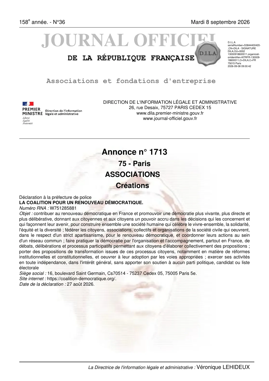 Extrait du Journal officiel des associations n° 36 du 8 septembre 2026, annonce n° 1713 : création de La Coalition pour un Renouveau Démocratique